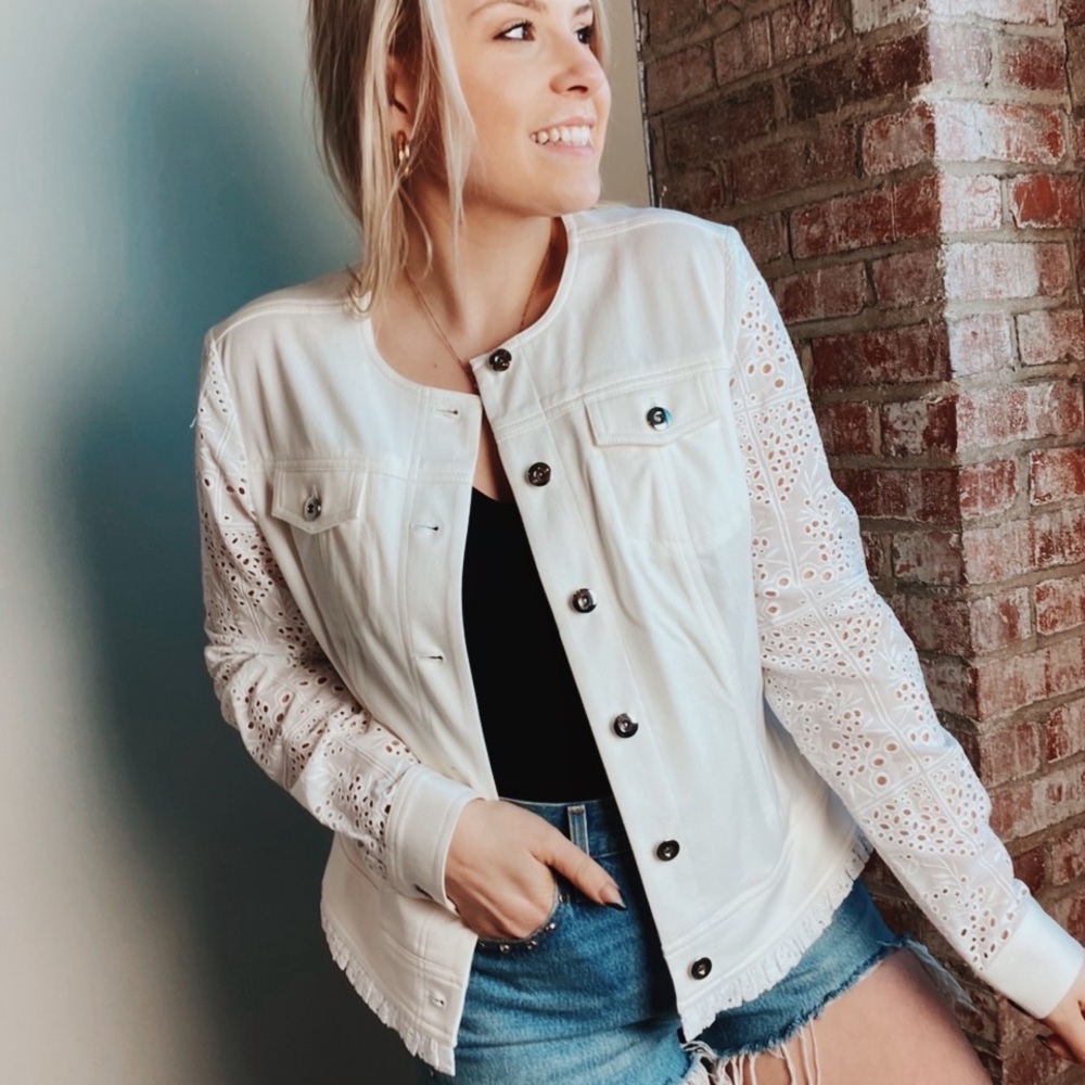 Donacaster collection white denim jacket eyelet